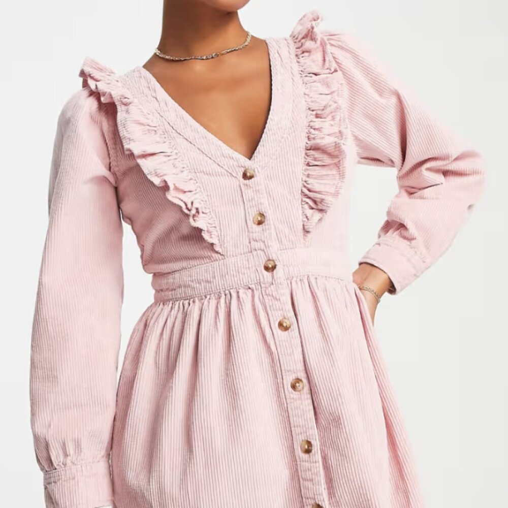 Miss Selfridge petite ruffle yolk corduroy dress in pink